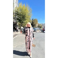 Elma Shop Siyah Çizgi Desenli Elbiseli Hırka Takım Pudra Siyah