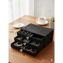 Feyza Design Şık Siyah Süet 3 Çekmeceli Takı Organizeri Kristal Kulp Detaylı