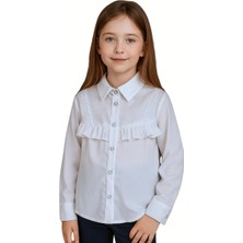 Elayza Göğsü Fırfırlı Dantel Brode Detaylı Uzun Kollu Kız Çocukbeyaz Gömlek