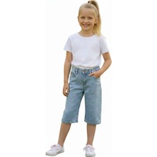 Roza Kız Çocuk Kalp Desenli Denim Kapri - Açık MAVI-7889