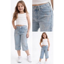 Roza Kız Çocuk Taş Detaylı Fiyonk Desenli Kot Kapri -7886