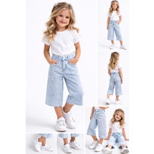 Roza Kız Çocuk  Mavi Çizgili  Taş Detaylı Kot Kapri Pantolon – 7885