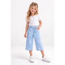 Roza Kız Çocuk  Çizgili Taş Detaylı Kot Kapri Pantolon –7885- Ka