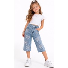 Roza Kız Çocuk Taşlı Fiyonk Desenli Kot Kapri - 7886-KA