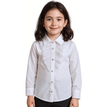 Elayza Fırfırlı Tül Garnili Uzun Kollu Kız Çocuk Beyaz Gömlek