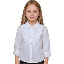 Elayza Dantel Brode Yakalı Göğsü Brodeli ve Büzgü Fırfırlı Uzunkollu Kız Çocuk Beyaz Gömlek