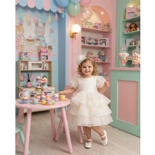 Butik Happy Kids Kız Bebek Caroline Kumaş Krem Karpuz Kollu Kat Etekli Abiye Elbise Taç Hediyeli 1-5 Yaş