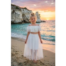 Kız Çocuk Abiye Elbise Beyaz 2'li Güpürlü Askılı Uzun Etekli Abiye Takım