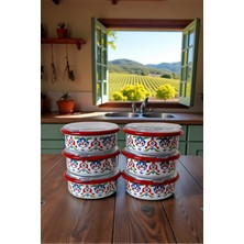 İnci Emaye 6 Parça Orta Boy,kapaklı,desenli Emaye Kahvaltı Seti,sunum,kahvaltı Tabağı, Reçellik,zeytin