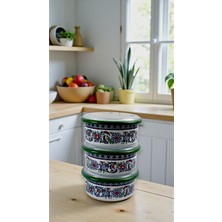 İnci Emaye 3 Parça Battal Boy,kapaklı,çini Lale Desenli Emaye Kahvaltı Seti,sunum,kahvaltı Tabağı, Reçellik