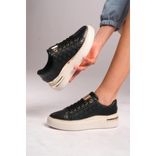 Romex Altın Detaylı siyah Kadın Sneaker - Kalın Tabanlı ve Modern Tasarım Trend Spor Ayakkabı