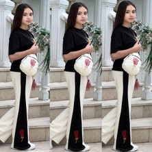 Gül Detaylı Taş Işlemeli Çantalı Penye Kız Takımlar