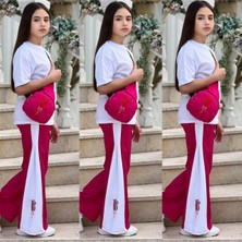 Gül Detaylı Taş Işlemeli Çantalı Penye Kız Takımlar