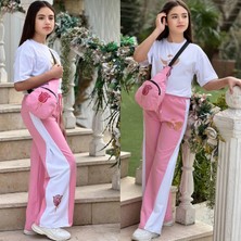 Gül Detaylı Taş Işlemeli Çantalı Penye Kız Takımlar