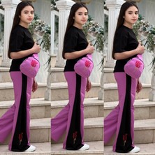 Gül Detaylı Taş Işlemeli Çantalı Penye Kız Takımlar