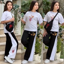 Gül Detaylı Taş Işlemeli Çantalı Penye Kız Takımlar