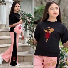 Gül Detaylı Taş Işlemeli Çantalı Penye Kız Takımlar