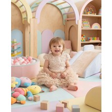 Butik Happy Kids Kız Bebek Gül Detaylı Kat Kat Tül Abiye Elbise Ekru 9-36 Ay
