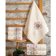 Hazangülü Collection Buldan Üretimi Çeyizlik Nakışlı Ela Kadife Krem 6’lı Mutfak Havlusu | 30X50
