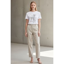 Lupinn Kadın Beyaz Çiçek Baskılı Basic Tişört – Kısa Kollu Yuvarlak Yaka Pamuklu Günlük Tişört, T-Shirt