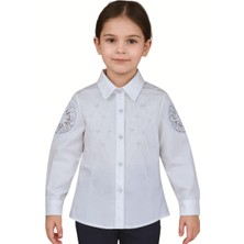 Elayza Baklava Nervür Desenli Inci Çakmalı Brode Dantel Yama Detaylı Kız Çocuk Beyaz Gömlek