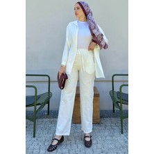 Tesettür Diyarı Kadın Keten Kumaş Cepli Beli Lastikli Pantolon- Krem