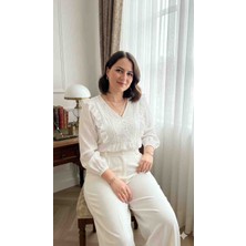 Melek Kostak Dantel Volan Fisto Detay Balon Kol Nakışlı Tasarım Keten Gömlek/bluz