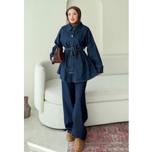 Molly Nelly Kadın Kolu Çift Düğmeli Uzun Bluz Kot Pantolon Takım