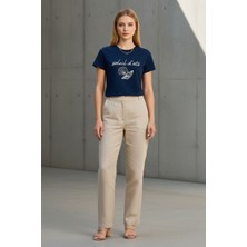 Lupinn Kadın Lacivert Deniz Kabuk Baskılı Basic Tişört – Bisiklet Yaka Kısa Kollu Pamuklu Günlük Tişört