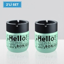 LE Paris 2'li Set Kokusuz Küllük - Dumansız, Rüzgar Önleyici Kapaklı Dekoratif Cam Küllük Hello Baskılı
