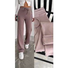 Gugus Kadın Bol Paça Içi Polarlı Fitilli Pantolon Içi Wide Leg Eşofman Altı - Vizon