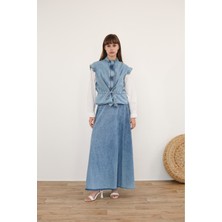 Molly Nelly Kadın Kolu Fırfırlı Fermuarlı Yelek Etek Mavi Kot Takım