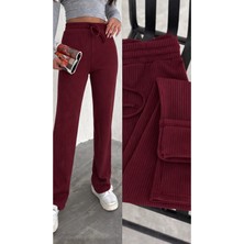 Gugus Kadın Bol Paça Içi Polarlı Fitilli Pantolon Içi Wide Leg Eşofman Altı Bordo