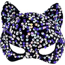 Luz&pos Siyah Kadife Kumaş Üzerine Mor Beyaz Payetli Pullu Parti Maskesi 16X14 cm