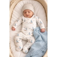Gemi Balık Baskılı Kruvaze Body Mavi 3 Lü Takım 56 cm  Ay ( Müslin Battaniyeli )