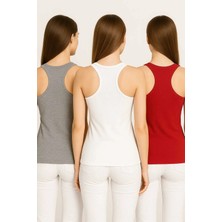 Gümüş 3 Adet Kadın Pamuklu Sporcu Atlet Gri-Beyaz-Kırmızı Slim Fit Rahat Kesim