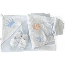 Bebessi Erkek Bebek Banyo Seti Pamuklu – Kapüşonlu Havlu, Bornoz ve Terlik – Açık Mavi