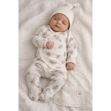 Yaprak Baskılı Kruvaze Body Bej 3 Lü Takım 56- 62 cm Ay (Müslin Battaniyeli ) 4949