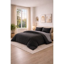 Homenup 150X200 Çift Kişilik Nevresim Takımı Lastikli Çarşaf Çift Yön Gri-Siyah