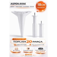 İmt Aksesuar Aspen 18 cm Beyaz 20 Adet Mobilya Ayağı Robot Süpürgeye Uyumlu Koltuk Tv Ünitesi Konsol Ayağı