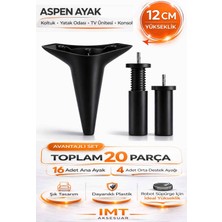 İmt Aksesuar Aspen 12 cm Siyah 20 Adet Mobilya Ayağı Robot Süpürgeye Uyumlu Koltuk Tv Ünitesi Konsol Ayağı