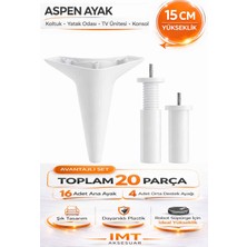 İmt Aksesuar Aspen 15 cm Beyaz 20 Adet Mobilya Ayağı Robot Süpürgeye Uyumlu Koltuk Tv Ünitesi Konsol Ayağı