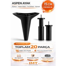 İmt Aksesuar Aspen 18 cm Siyah 20 Adet Mobilya Ayağı Robot Süpürgeye Uyumlu Koltuk Tv Ünitesi Konsol Ayağı