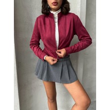 Sun Style Boydan Fermuarlı, Kol Düğmeli Süet Crop Model Ceket