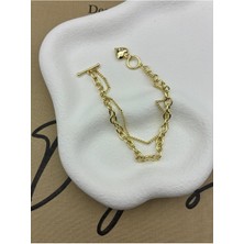 Hedef Bujiteri 14K Gold Renk Basıc Çift Sıra Zincirli Kalp Uçlu Bileklik CM109