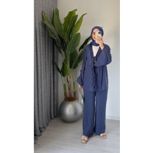 Molly Nelly Kadın Yazlık Pamuk Vual Astarlı Bağcık Detaylı Lacivert Pantolon Bluz Takım