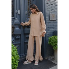 Molly Nelly Kadın Paça Manşet Detaylı Keten Uzun Gömlek Pantolon Takım