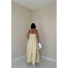 Barış Beauty Sarı Askılı Parçalı Çizgili Müslin Elbise