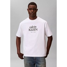 Erkek Bisiklet Yaka Calvin Klein Yazı Desenli Kısa Kollu Beyaz T-Shirt LV04RF818G-YAF