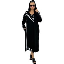 DARKWIN Büyük Beden Kadın Kapüşonlu Şerit Detaylı Uzun Kollu V Yaka Cepli Uzun Elbise